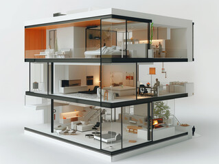 isometric model of an utramodern home. cutaway to reveal interracial couple in one of the rooms