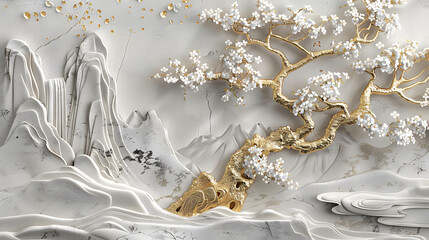 Volumetric stucco molding on a concrete wall with golden elements, Japanese landscape, waterfall, mountains, sakura.