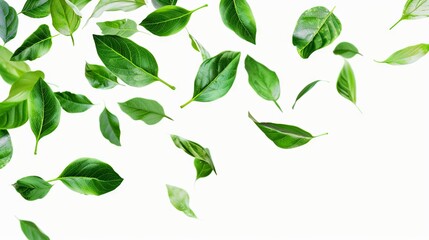 green tea leaves and white background