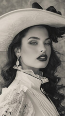 A black and white portrait of a woman wearing a white lace blouse and hat with a black bow. Her dark hair is styled in loose curls