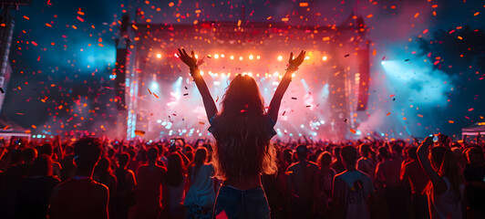 Live, rock concert, party, festival night club crowd cheering, stage lights. music concert performance in a huge young crowd stadium. Dancing girl with raised hands at a music festival.	