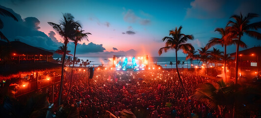 Summer Live, rock concert, party, festival,crowd cheering, stage lights. Music concert performance in a huge young crowd stadium. 