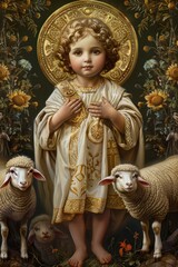 Obraz premium Icon of the infant Jesus Christ with a lamb: a timeless representation of divine innocence and compassion, symbolizing the purity and gentleness of christ's love for humanity