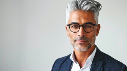 Portrait of a confident mature man with gray hair and glasses. Professional headshot in a minimalist style. Perfect for business, corporate, and professional use. Crisp and stylish representation. AI