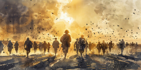 Watercolor illustration of coach leadingrowing team in the early morning. --chaos 15 --ar 2:1 Job ID: 3f174049-949c-4050-bfc5-15fa9f3a9a8b