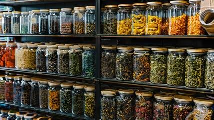 Obraz premium Tea, Dried Herbs and Spices in Glass Jars on Supermarket Shelves