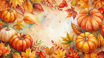Watercolor fall Thanksgiving background with autumn leaves and pumpkins, copy space, Watercolor, fall, Thanksgiving, background, autumn, leaves, pumpkins, copy space, harvest, seasonal