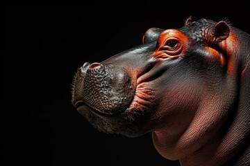 Mystic portrait of Pygmy Hippopotamus studio, copy space on right side, Anger, Menacing, Headshot, Close-up View Isolated on black background