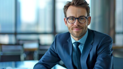 Fototapeta premium Confident Businessman in Blue Suit with Glasses Smiling in Modern Office Setting. Professional portrait depicting the essence of corporate style. Ideal for business, consulting, and marketing use. AI