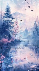 Beige background, fog, humpback bridge, flowering tree branch, birds. Mural wallpaper. AI generated illustration