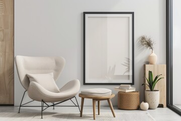 Office Wall Art. Stylish Scandinavian Living Room Composition with Design Armchair and Black Frame Mockup
