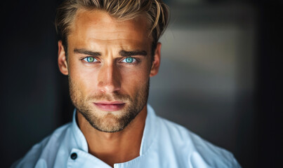 Obraz premium An attractive muscular build man opening white chef's jacket