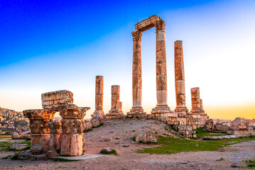 Amman, Jordan: Amman Citadel or Jabal al-Qal'a with Temple of Hercules in sunset light. Middle east