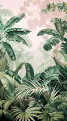 Tropical vintage botanical landscape illustration, palm tree, vegetable flower border background. Mural wallpaper. AI generated illustration