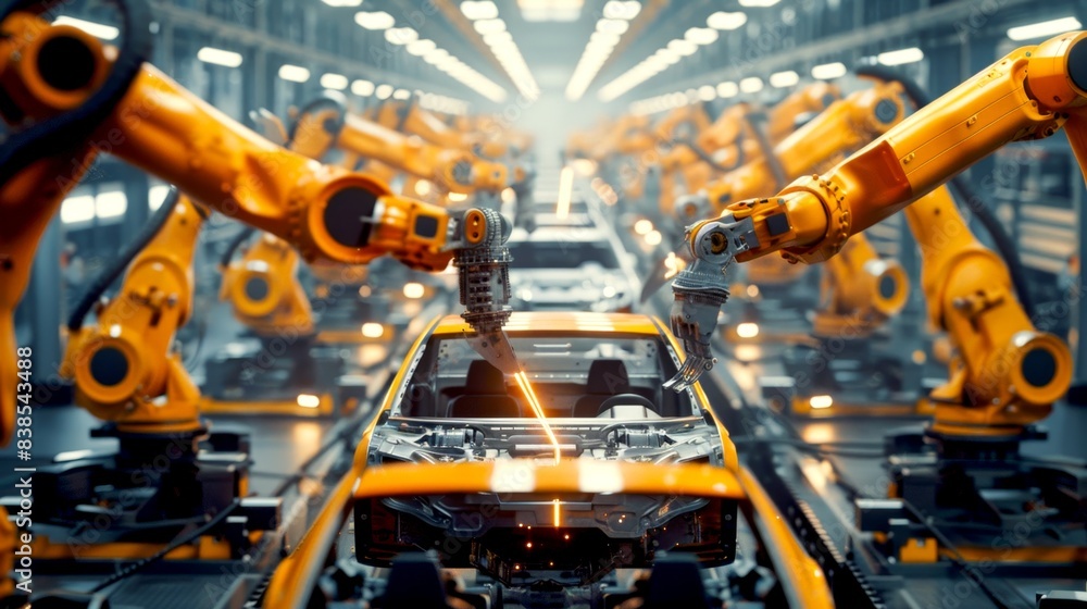 Poster automated assembly line with yellow robotic arms in a modern car factory. high-tech and futuristic i