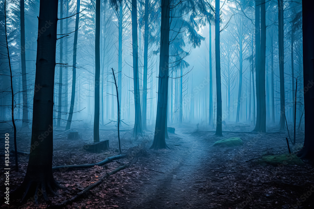Poster a forest with foggy trees and a path