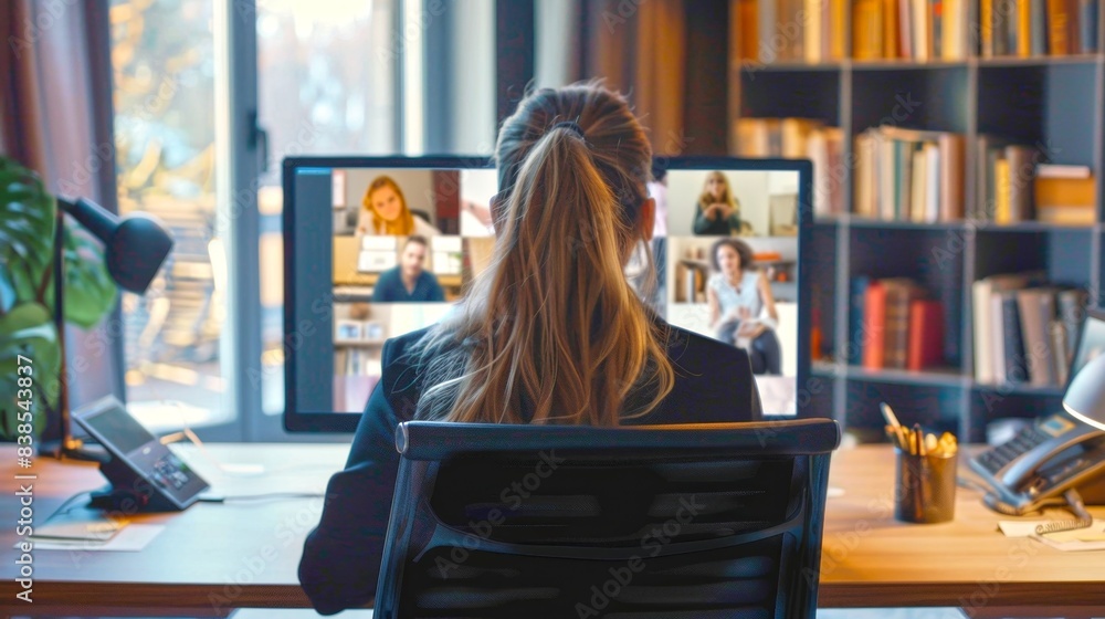 Poster remote work setup with a professional at a desk, engaged in a virtual meeting. the image shows a mod