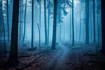 Fototapeta premium A forest with foggy trees and a path