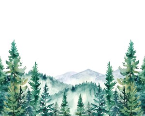 Fototapeta premium Pine Trees Border. Watercolor Botanical Illustration with Woodland Forest Trees in Green Floral Border