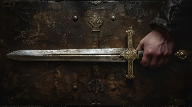 A person holding a sword in their hand on an old door, AI