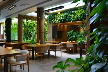 Fototapeta premium Setting A Meeting. Beautiful Dining Arrangement with Wooden Furniture and Greenery Plant