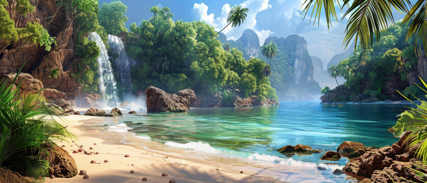 Tourist paradise at wild tropical forest, scene with beautiful beach, green mountains and blue water in jungle. Theme of wallpaper, wilderness, landscape, travel, nature