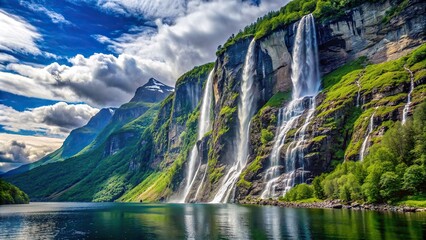Seven Sisters waterfall cascading down the cliffs in Geirangerfjord, Norway , Geirangerfjord, Norway, Seven Sisters, waterfall, nature, dramatic, cascading, cliffs, majestic, scenic
