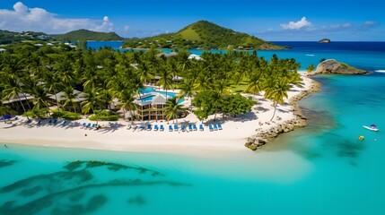 Aerial view of beautiful tropical beach with turquoise water and white sand.
