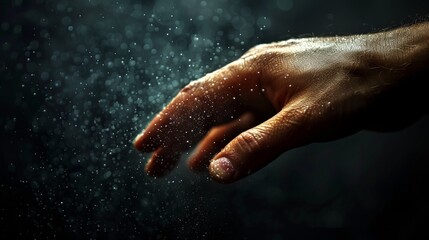 A hand is touching a water droplet on the ground, AI