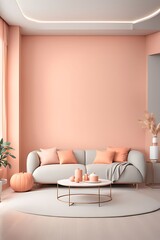 Fototapeta premium Peach fuzz interior with pastel wall, apricot shades, white sofa, tan pillows