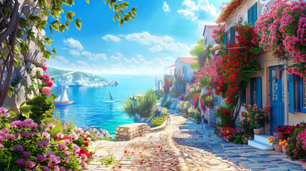 Beautiful walkway in small city by the sea, scenic view of old houses in Greek town in summer. Theme of travel, vacation, mediterranean resort, flower, sky.