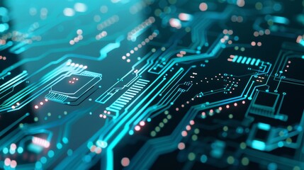 Obraz premium Navy Teal White abstract background with digital glowing lights and circuit board elements on a dark blue background, high quality 3D rendered illustration of an abstract futuristic technology