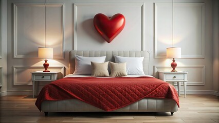 Valentine's Day bedroom decor with red heart , romantic, love, cozy, interior design, passion, holiday, celebration, festive, home, decorations, heart-shaped, February 14th, cozy, cozy