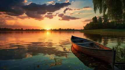 Calm Lake with Boat at Sunset

