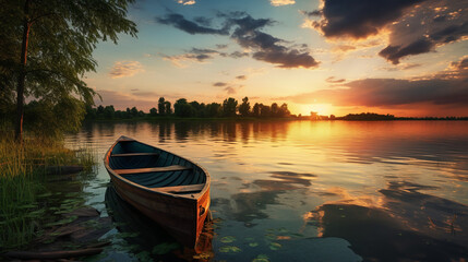 Tranquil Lake with Boat at Sunset

