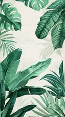 Tropical vintage botanical landscape illustration, palm tree, vegetable flower border background. Mural wallpaper. AI generated illustration