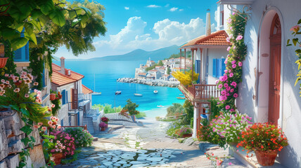 Beautiful walkway in small city by the sea, scenic view of old houses and flowers in Greek town in summer. Theme of travel, vacation, beach, mediterranean resort