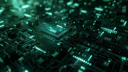 Fototapeta premium Green Black White abstract background with digital glowing lights and circuit board elements on a dark blue background, high quality 3D rendered illustration of an abstract futuristic technology