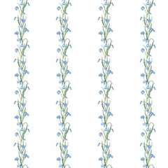 Seamless pattern of the light blue first spring flowers. Watercolor botanical illustration of delicate lilac flowers. Three scillas hand drawn isolated on white background. Banner with little bouquet.