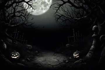 Spooky Halloween night scene with lit jack-o'-lanterns, moonlight, bats, and eerie graveyard. Perfect for holiday themes.