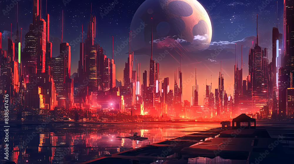 Poster a cityscape with a large red planet in the background