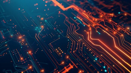 Obraz premium Gray Red Orange Cyan abstract background with digital glowing lights and circuit board elements on a dark blue background, high quality 3D rendered illustration of an abstract futuristic technology