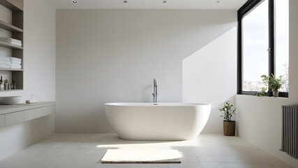 Fototapeta premium Interior of light minimalism modern bathroom with bathtub Generative AI