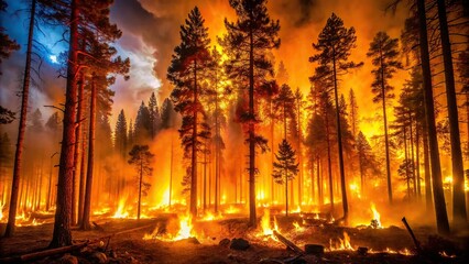 Forest fire disaster , trees burning at night, wildfire nature destruction, damaged environment caused by global warming, forest fire, disaster,trees burning, night, wildfire