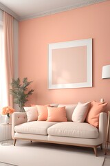 Peach fuzz interior with pastel wall, apricot shades, white sofa, tan pillows

