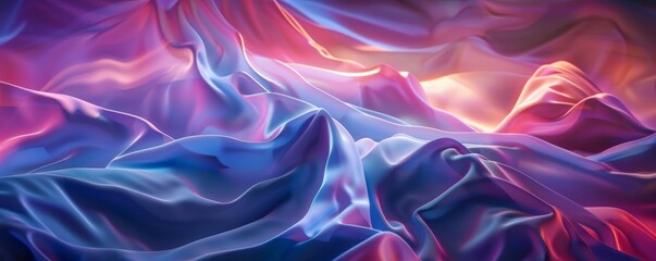 Fototapeta premium A vibrant abstract image of flowing silky fabric calming rhythms in shades of purple, blue, and pink, creating a dynamic and colorful visual effect.