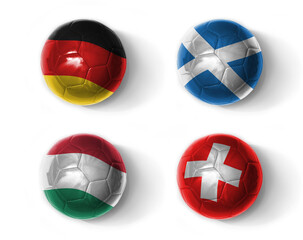 europe group a. football balls with national flags of germany hungary scotland and switzerland ,soccer teams. on the white background.