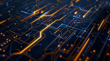 Gold blue black abstract background with digital glowing lights and circuit board elements on a dark blue background, high quality 3D rendered illustration of an abstract futuristic technology 