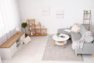 Interior of stylish living room with comfortable sofa, bench, coffee table and shelving unit, blurred view
