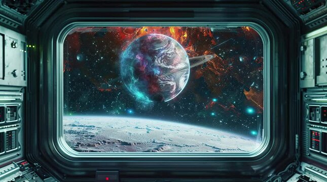 View of a distant galaxy and a nearby planet from a spaceship window. Cosmic exploration in deep space.
 Seamless looping 4k time-lapse virtual video animation background. Generated AI